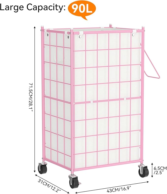 WOWLIVE Laundry Hamper with Wheels,Metal Wire Frame Rolling Laundry Basket with Removable bag,100L Dirty Clothes Hamper Organizer Dorm Room Storage for Bedroom,Bathroom,Pink