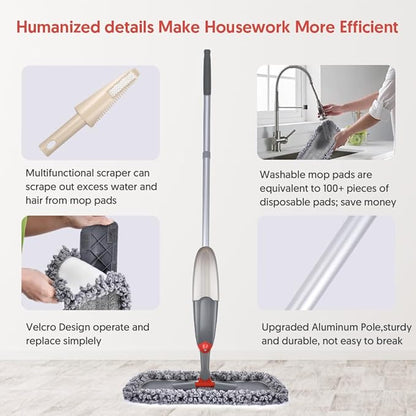 Microfibre Spray Floor Mops for Floor Cleaning, Domi-Patrol Cleaning Mops for Hardwood Laminate Tiles Floors, Dry Wet Mop Dust Mops with 3 Mop Heads Replacement Pads & 635 ML Bottle