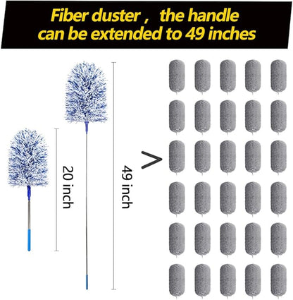 Extendable 20-49inches Microfiber Feather Duster with 3pcs Replaceable Bendable Heads, Extra Long Duster for Cleaning, Electrostatic Dust Remove for Ceiling, Fan, Window, Bookshelves (Navy Blue)