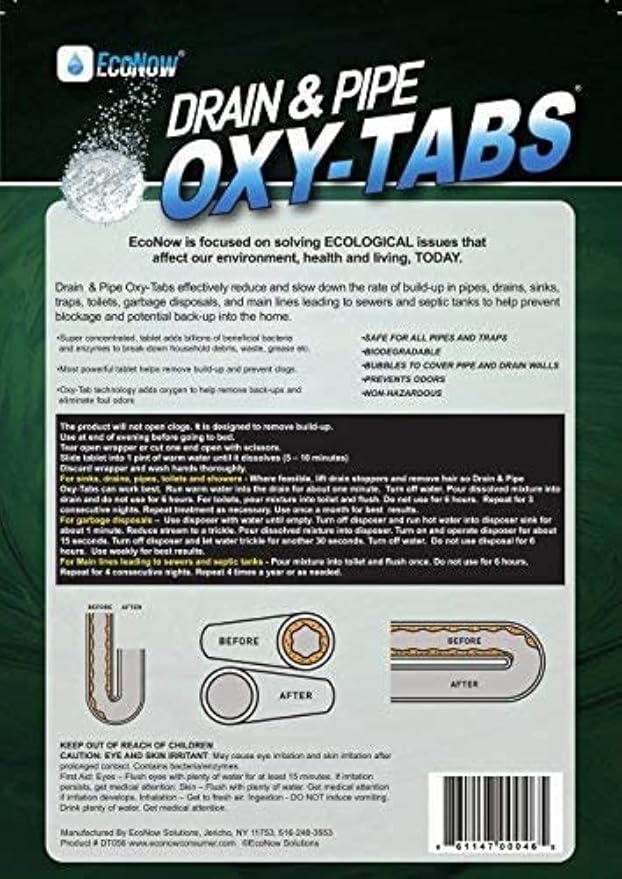 EcoNow OXY-TABS Pro-Strength Drain Cleaner Prevents Clogs Cleans Drains-Pipes-Mainlines-Garbage Disposals-Eliminates Odors at Half The Cost of Ridx-America's Best Drain Cleaner 100% Safe (30ct)