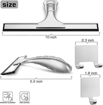 All-Purpose Stainless Steel Shower Squeegee for Glass Doors with 2 Adhesive Hooks, Squeegee for Bathroom Cleaner Tool Household Window Mirror Squeegee, Cleaning Tile Wall, Car, 10 Inch Silver