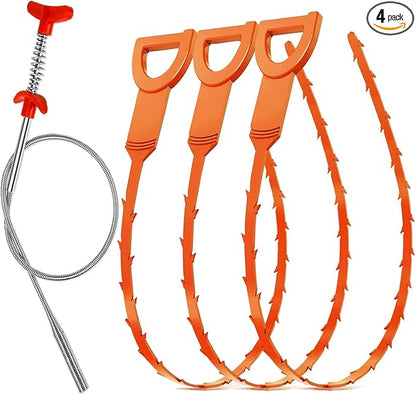 Drain Snake Hair Clog Remover – 20 Inch Plastic Sink Unclogger & Stainless Steel Claw - Drain Cleaner Tool for Kitchen, Bathroom, Tub Toilet Orange (3+1), Plungers for Clearing Blocked Drains
