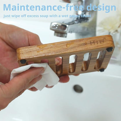 Slotted Soap Dish 2 Pack Teak Wood by HTB, Kitchen Wooden Sponge Holder, Self Draining Soap Dish for Shower, Sink, Bathroom, Bathtub, RV