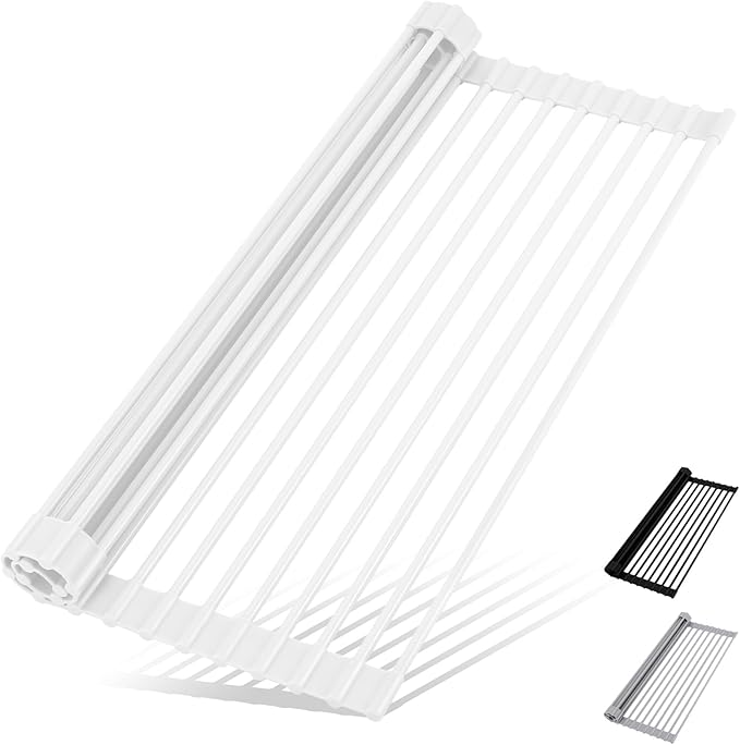 Hanzenma Roll Up Dish Drying Rack - Over The Sink, Multipurpose Foldable Sink Drying Mat, Heat-Resistant, Anti-Slip & Anti-Rust, 17" x 13", White
