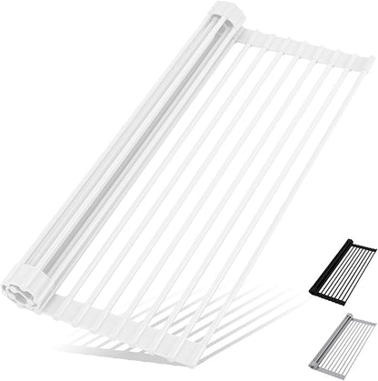 Hanzenma Roll Up Dish Drying Rack - Over The Sink, Multipurpose Foldable Sink Drying Mat, Heat-Resistant, Anti-Slip & Anti-Rust, 17" x 13", White