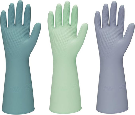 Rubber Kitchen Dishwashing Gloves - 3 Pairs Colorful Reusable Household Cleaning Gloves For Washing Dishes And Cleaning Tasks，Flexible And Durable Waterproof (Small, Dark Green+Green+Gray)