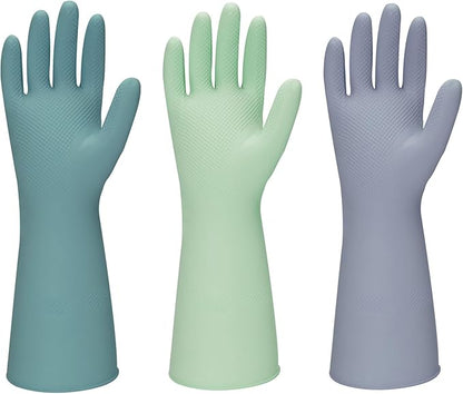 Rubber Kitchen Dishwashing Gloves - 3 Pairs Colorful Reusable Household Cleaning Gloves For Washing Dishes And Cleaning Tasks，Flexible And Durable Waterproof (Large, Dark Green+Green+Gray)