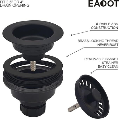 Black Polymer Drain Kitchen Sink Drain Assembly with 2 Removable Basket Strainers and Rubber Stopper for 3.5-Inch Drain Openings, Matching Color of Quartz Granite Sinks