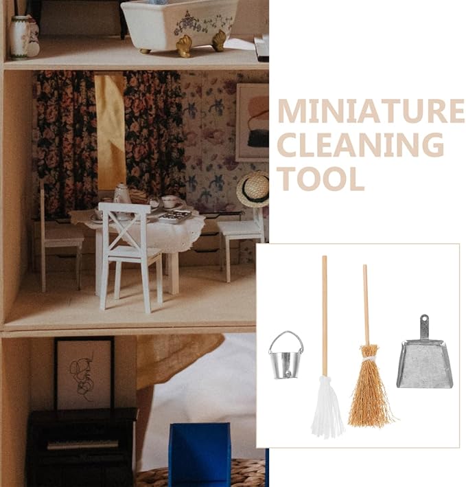 Miniature Dollhouse Cleaning Set Mini Floor Mop Bucket Broom Dustpan Models Housework Tool Decoration Accessories for DIY 1:12 Scale Fairy Garden Micro Landscape