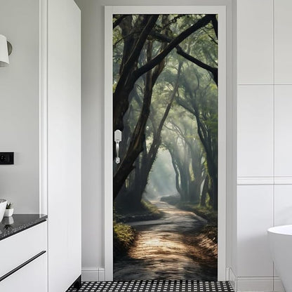 REDAMANCY Sunshine Green Forest Tree Pathway Peel and Stick Door Stickers Vinyl 3D Door Mural Decals Decor Wallpaper Self-Adhesive, Waterproof, Removable
