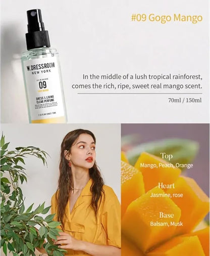 W.Dressroom No.09 Gogo Mango Living Clear Perfume, Body Mist & Fabric Spray Deodorizer, Alcohol-Free Water-Based, Odor Neutralizer for Clothes, Bedding & Room, Travel Size 2.36 oz