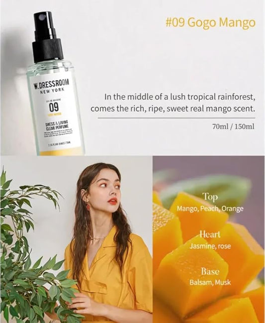 W.Dressroom No.09 Gogo Mango Living Clear Perfume, Body Mist & Fabric Spray Deodorizer, Alcohol-Free Water-Based, Odor Neutralizer for Clothes, Bedding & Room, Travel Size 2.36 oz