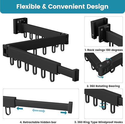 Abiglifty Clothes Drying Rack Wall Mounted, Laundry Drying Rack Collapsible, Foldable & Retractablewith 18 Hooks for Indoor/Outdoor Use inLaundry Room, Bathroom & Balcony (Black)