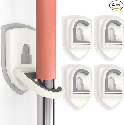 Broom Holder Wall Mount Self Adhesive, Broom and Mop Organizer Wall Hanging, No Drilling Anti-Slip Broom Hook Over Door for Home, Kitchen, Garden, Garage Storage 4-Pack