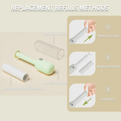 Compact Lint Roller with 150 Sheets - Portable Pet Hair Remover for Clothes, Furniture, and Travel Essentials Household Use, 1 Handle+5 Roller Refills (Green)
