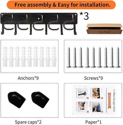 YueTong All Metal Garden Tool Organizer,Adjustable Garage Wall Organizers and Storage,Heavy Duty Wall Mount Holder with Hooks for Broom,Rake,Mop,Shovel.(3 Pack)
