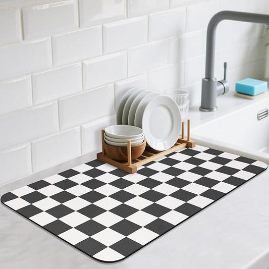 CooRug Checkered Dish Drying Mat for Kitchen Counter, Absorbent Non-Slip Coffee Mat, Heat Resistant Mat for Countertops Coffee Bar Decor 16" x 24" Black