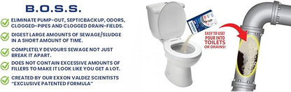 B.O.S.S. Septic Tank Treatment - 12.5oz Powder - 24 Drain or 5 Septic Doses - Patented Bacterial Enzyme - 100% Treats Odors Clogs Backups Pumpouts & Repairs - Works in All Septic Systems - Made in USA