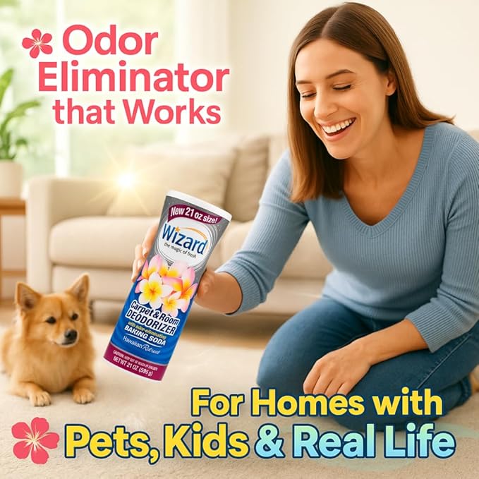 Wizard Carpet Deodorizer with Baking Soda, Hawaiian Retreat Scent Odor Eliminator, Carpet Freshener & Pet Odor Absorber, Carpeting Powder Air Freshener for the Home – 3-Pack, 21 oz per Bottle