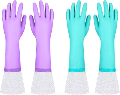 Elgood Reusable Long Dishwashing Cleaning Gloves with Latex Free, Long Cuff,Cotton Lining,Kitchen Gloves 2 Pairs,Purple+Blue Medium