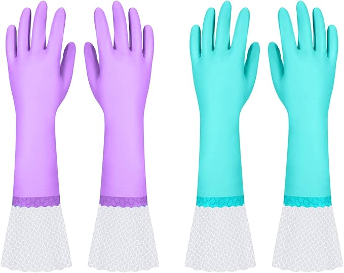 Elgood Reusable Long Dishwashing Cleaning Gloves with Latex Free, Long Cuff,Cotton Lining,Kitchen Gloves 2 Pairs,Purple+Blue Large