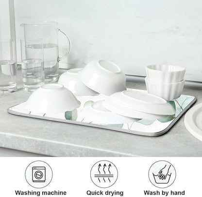 Sage Green Leaves Dish Drying Mat for Kitchen Counter Watercolor Branch Plant Drying Mat 18 x 24 Inch with High Absorbent Reversible Microfiber Dish Drying Pad Drainer Mat for Coffee Bar