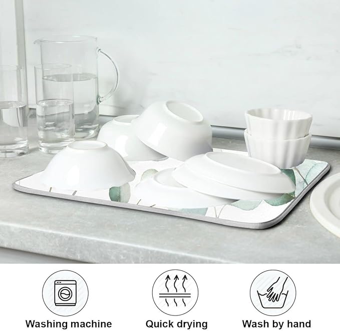 Sage Green Leaves Dish Drying Mat for Kitchen Counter Watercolor Branch Plant Drying Mat 16 x 18 Inch with High Absorbent Reversible Microfiber Dish Drying Pad Drainer Mat for Coffee Bar