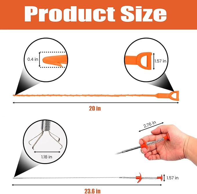 Drain Snake Hair Clog Remover – 20 Inch Plastic Sink Unclogger & Stainless Steel Claw - Drain Cleaner Tool for Kitchen, Bathroom, Tub Toilet Orange (3+1), Plungers for Clearing Blocked Drains