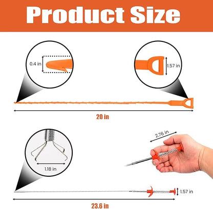 Drain Snake Hair Clog Remover – 20 Inch Plastic Sink Unclogger & Stainless Steel Claw - Drain Cleaner Tool for Kitchen, Bathroom, Tub Toilet Orange (3+1), Plungers for Clearing Blocked Drains