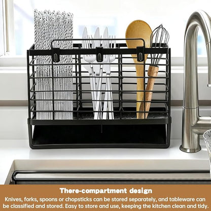 3-Compartment Dish Drying Rack for Kitchen, Carbon Steel Utensil Holder with Drain Tray, Utensil Caddy Organizer for Knives, Forks, Spoons, Chopsticks, Wall Mount or Countertop(COLOR:Black)