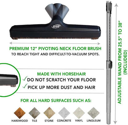 OVO Central Vacuum Carpet Deluxe Kit, 35ft High Voltage Hose with Pigtail, On-Off Switch at The Handle, 6 Adjustable Heights Electric Carpet Beater, 12’’ Floor Brush and Accessories, Black