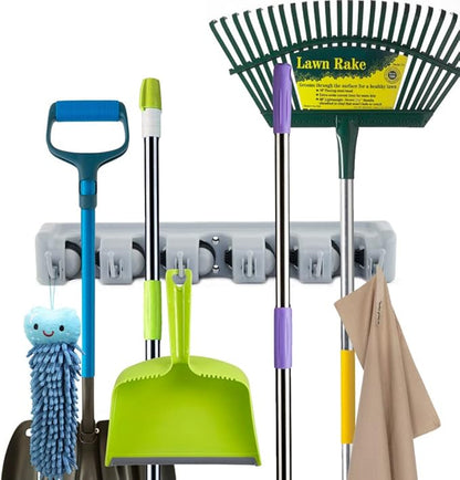 ForHauz Broom Holder with 5 Holding Positions & 6 Hooks, Easy Wall Mount Storage for Organizing Garage or Closet (Pack of 2)