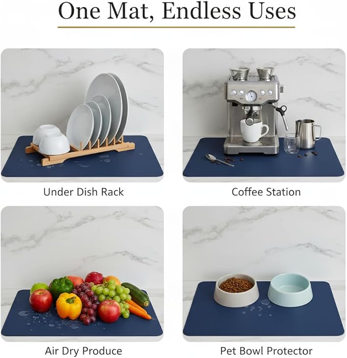 Dish Drying Mat Super Absorbent – 16" x 18" Coffee Mat for Countertops – Non-Slip Drying Mat for Kitchen Counter – Easy to Clean Water Absorbent Mat – Large Dish Drying Mats (Navy Blue)