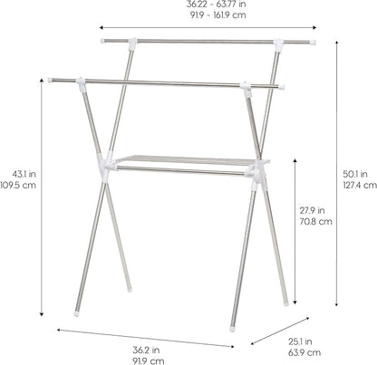 IRIS USA Foldable Drying Rack with Extendable Rods for Large Laundry Loads, Clothes Drying Rack, Freestanding Foldable Laundry Rack, Anti-Skid Feet, Portable and Storable, Silver