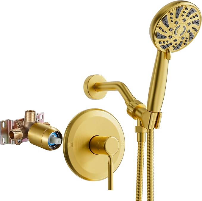 Gold Shower Faucet Set, Single-Handle Shower Kit with Rough-In Valve，6-Mode ABS Handheld Spray, Shower Combo System, Complete Trim Kit, Brushed Gold(without tub spout, Brushed Gold)