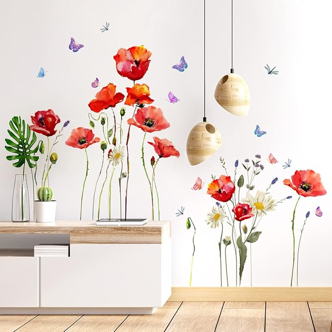 Watercolor Wall Stickers Red Flower Decal Removable Waterproof Wall Art Decor for Bedroom Living Room Offices Home Decoration