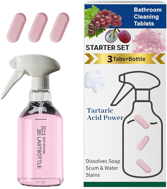 Bathroom Cleaner Starter Kit – Tartaric Acid (Milder than Citric) – Rich Foam Spray Clings to Grime – For Hard Water Stains on Shower Glass, Mirrors, Tile & Tub – Bottle + 3 Refills
