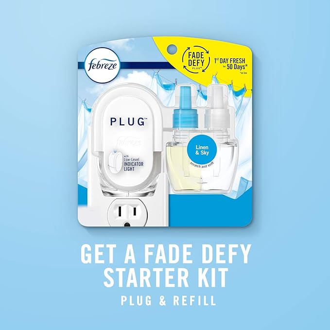 Febreze Plug in Air Fresheners, Linen & Sky Scent, Odor Eliminator for Strong Odors, 1 Warmer + 2 Oil Refills