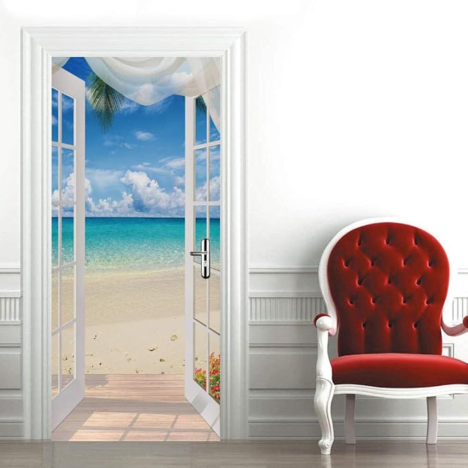3D Door Stickers Murals - Landscape Peel and Stick Waterproof & Washable Matt Finish 34.6" x 78.7" White Wall