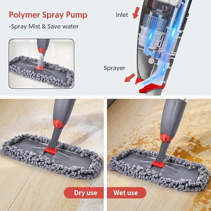 Microfibre Spray Floor Mops for Floor Cleaning, Domi-Patrol Cleaning Mops for Hardwood Laminate Tiles Floors, Dry Wet Mop Dust Mops with 3 Mop Heads Replacement Pads & 635 ML Bottle