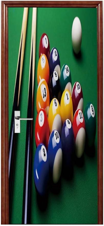 A.Monamour 3D Door Stickers for Interior Doors Billiard Balls and Billiard Cue on Green Table Vinyl Waterproof Self Adhesive Door Mural Decals for Bedroom Office Bathroom 77x200cm