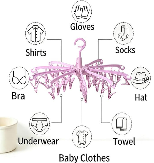 Foldable Drying Rack with 40 Clips for Drying Socks Lingerie Baby Clothes Drying Towels Rotatable Sock Drying Rack（Pink）
