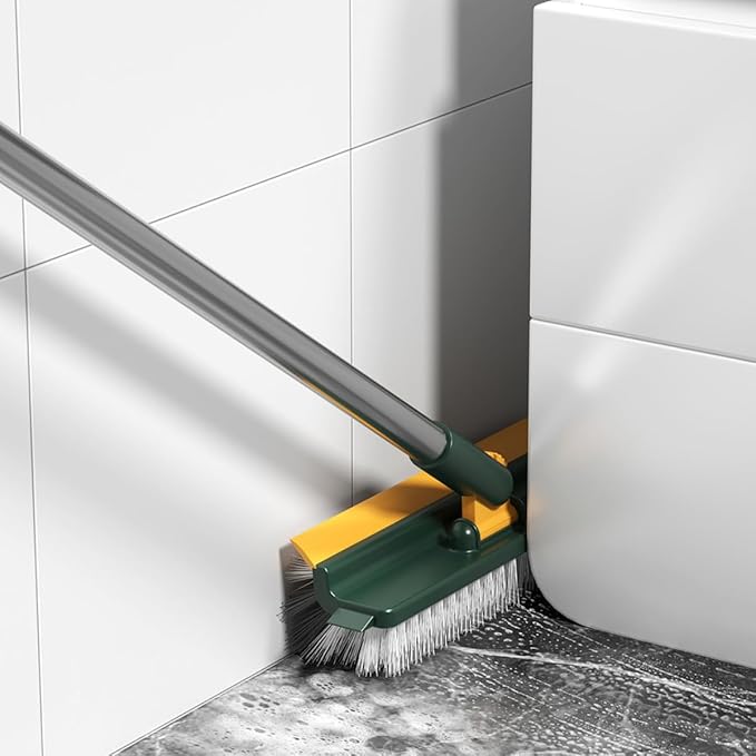 Multi-Purpose Long Handle Floor Scrub Brush with Squeegee, Stiff Bristles Bathroom Floor Scrubber for Shower and Carpet Cleaning, Green Household Cleaning Brush
