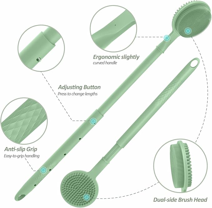 Silicone Back Scrubber & Soft Bath Glove 2PCS, 16''- 24'' Extendable Shower Scrubber with Dual-Side Head, 360° Anti-Slip & Hand-fit Silicone Body Scrubber for Rich Foaming Deep Cleaning(Green)