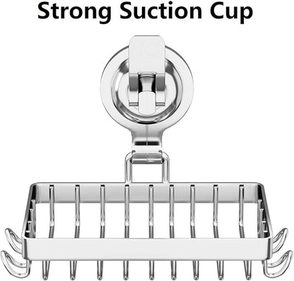 Soap Holder Shower, Suction Cup Soap Dish for Shower with 4 Hooks, 304 Stainless Steel, Silver