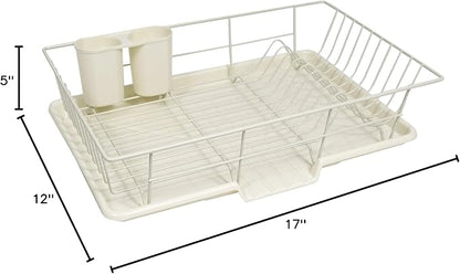 Sweet Home Collection Space-Saving 3-Piece Dish Drainer Rack Set: Efficient Kitchen Organizer for Quick Drying and Storage - Includes Cutlery Holder and Drainboard - Maximize Countertop Space, Ivory