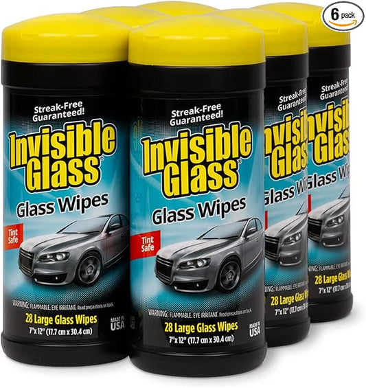 Invisible Glass 90166-6PK Large Glass Cleaning Wipes for Streak-Free Windows, Mirrors, and Glass, Lint-Free, Ammonia-Free, Tint-Safe, for Home and Auto, Canister, 28 Count (Pack of 6)