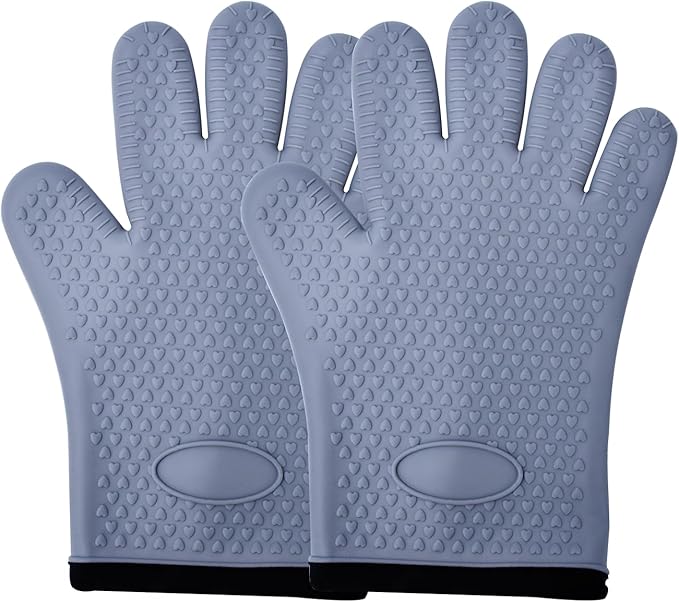 Silicone Oven Mitts Heat,1 Pair Non-Slip Five-Finger Oven Gloves, Waterproof Flexible BBQ Grilling Gloves with Hanging Loops, Kitchen Mitts for Baking Cooking Frying (Gray)