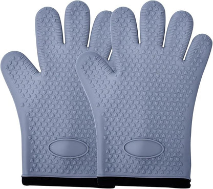 Silicone Oven Mitts Heat,1 Pair Non-Slip Five-Finger Oven Gloves, Waterproof Flexible BBQ Grilling Gloves with Hanging Loops, Kitchen Mitts for Baking Cooking Frying (Gray)