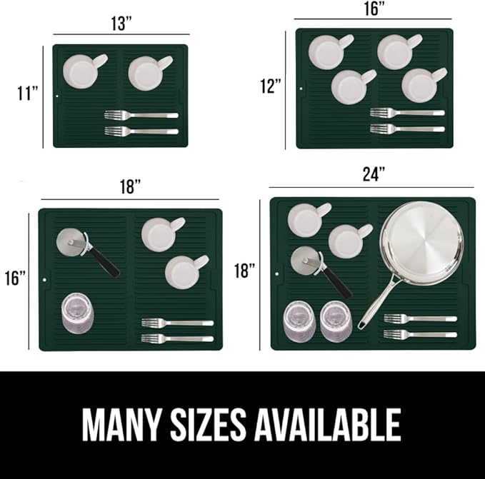 GORILLA GRIP 100% BPA-Free Silicone Dish Drying Mat for Kitchen Counter, Quick Dry, Water Catching Ribbed Design, Easy Clean Waterproof Sink Liner, Heat Resistant, Fits Under Rack, 11x13, Hunter Green